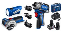 ЗУБР КОМБИ #5 набор: дрель-шуруповерт + мини УШМ + LED фонарь, BRUSHLESS, 12 В, 45 Н·м, 2 АКБ тип Т7 (4 и 2 А·ч), кейс, Профессионал (DB-125-42ABF) - 1