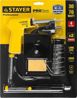 STAYER PROTerm, 30Вт+70Вт, 2 в 1, пистолетная рукоятка, конус, оловоотсос + подставка + припой, набор для паяльных работ, Professional (55315-70-H4) - 2