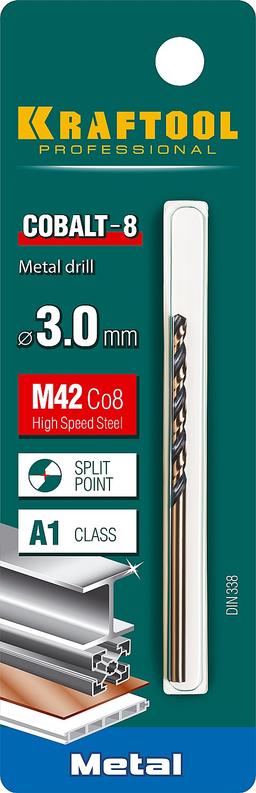 KRAFTOOL Cobalt, 3.0 х 61 мм, сталь М42, HSS-Co(8%), сверло по металлу (29656-3) - 2