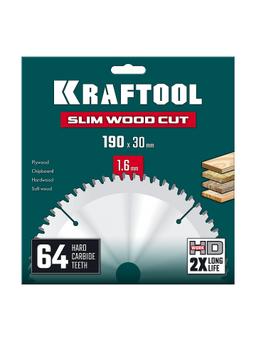 KRAFTOOL Slim wood cut 190 х 30 x 1.6 мм, 64Т, диск пильный по дереву, (36955-190-30-64) - 2