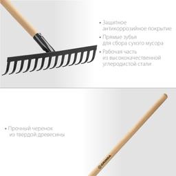 GRINDA  GT-14 WOOD, 360 х 80 х 1300 мм, 12 прямых зубцов, углерод. сталь, антикор. покрытие, черенок дерев. высш. сорт, садовые грабли (39583-14) - 2