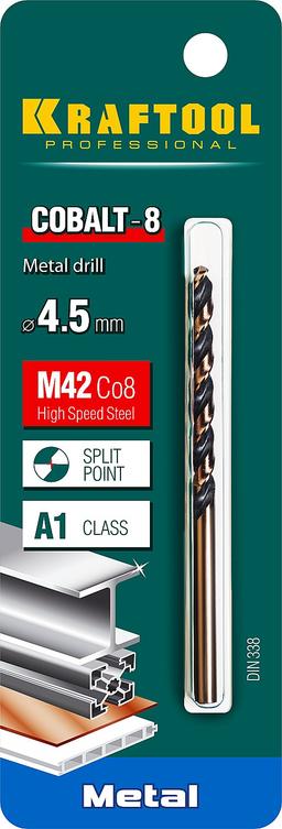 KRAFTOOL Cobalt, 4.5 х 80 мм, сталь М42, HSS-Co(8%), сверло по металлу (29656-4.5) - 2