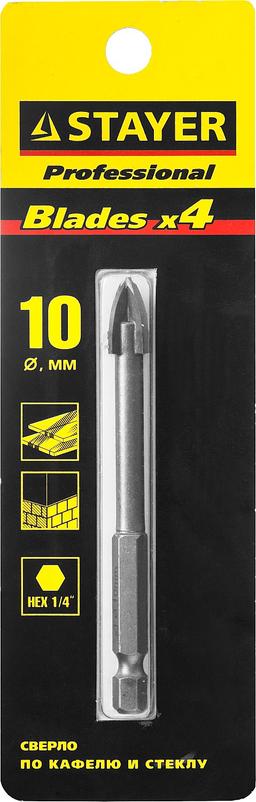 STAYER 10 мм, 4х кромка, HEX 1/4, Сверло по стеклу и кафелю (2985-10) - 2
