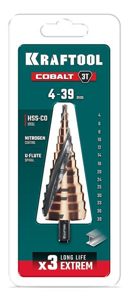 KRAFTOOL COBALT 4-39мм, 14 ступеней, азотирование, винтовая спираль, сверло ступенчатое(29691-4-39-14) - 4