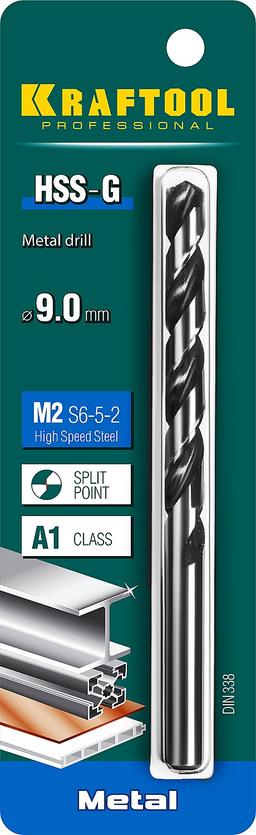 KRAFTOOL HSS-G, 9.0 х 125 мм, сталь P6M5, сверло по металлу (29651-9) - 2