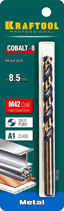 KRAFTOOL Cobalt, 8.5 х 117 мм, сталь М42, HSS-Co(8%), сверло по металлу (29656-8.5) - 2