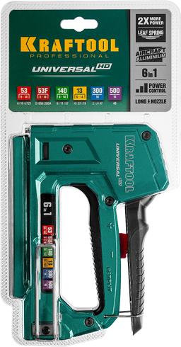 KRAFTOOL Universal-HD, 6-в-1: 53 (A/10/JT21) 23GA (6 - 14 мм)/140 (G/11/57) 20GA (8 - 14 мм)/13/53F/300/500, универсальный алюминиевый степлер (3188) - 3