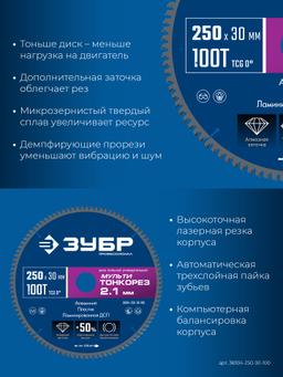 ЗУБР Мульти Тонкорез 250х30 x 2.1 мм, 100Т, диск пильный универсальный тонкий рез, Профессионал (36934-250-30-100) - 4