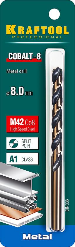 KRAFTOOL Cobalt, 8.0 х 117 мм, сталь М42, HSS-Co(8%), сверло по металлу (29656-8) - 2