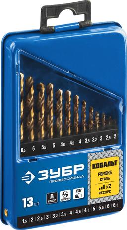ЗУБР  Кобальт, 13 шт, (1.5-6.5 мм), сталь Р6М5К5, класс А, мет.бокс, набор сверл по металлу, Профессионал (29626-H13) - 2