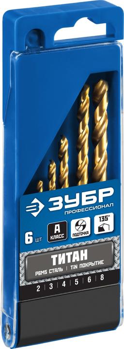 ЗУБР ТИТАН, 6 шт, (2-8 мм), сталь Р6М5, класс А, титановое покрытие, набор сверл по металлу, Профессионал (29615-H6) - 2