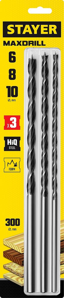 STAYER Maxdrill, 3 шт: 6-8-10 х 300 мм, набор сверл спиральных по дереву (2943-300-H3) - 2