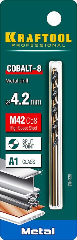 KRAFTOOL Cobalt, 4.2 х 75 мм, сталь М42, HSS-Co(8%), сверло по металлу (29656-4.2) - 2