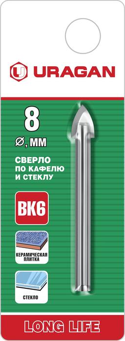 URAGAN 8 мм, 2х кромка, цилиндр хвостовик, Сверло по стеклу и кафелю (29830-08) - 2