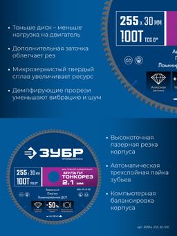 ЗУБР Мульти Тонкорез 255х30 x 2.1 мм, 100Т, диск пильный универсальный тонкий рез, Профессионал (36934-255-30-100) - 4