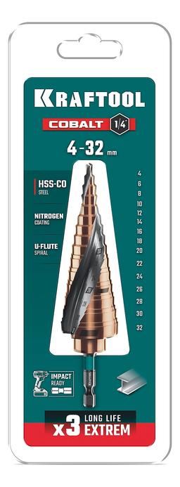 KRAFTOOL COBALT 4-32мм, 15 ступеней, азотирование, винтовая спираль, сверло ступенчатое(29691-4-32-15) - 3
