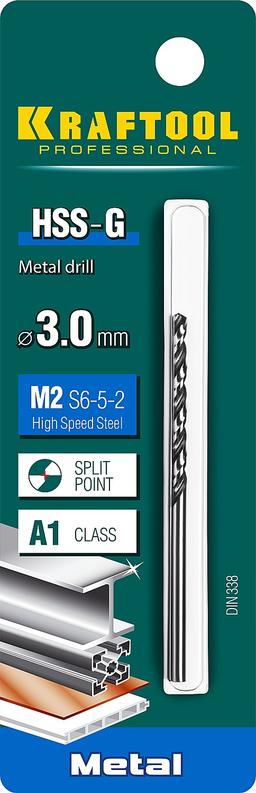 KRAFTOOL HSS-G, 3.0 х 61 мм, сталь P6M5, сверло по металлу (29651-3) - 2
