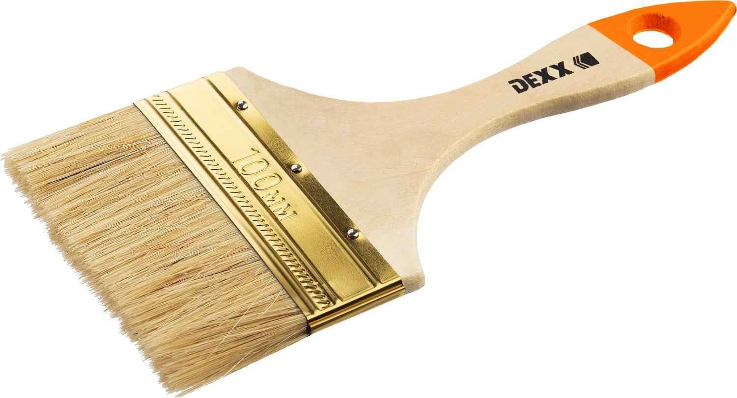 DEXX  100 мм, 4", натуральная щетина, деревянная ручка, флейцевая, все виды ЛКМ, плоская кисть (0100-100)