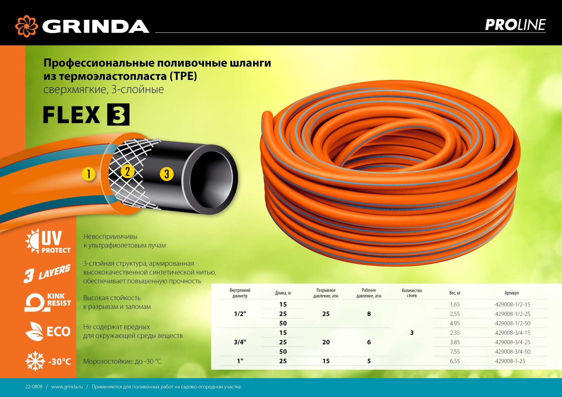 GRINDA FLEX 3, 3/4", 25 м, 20 атм, из термоэластопласта, трёхслойный, армированный, гибкий, поливочный шланг, PROLine (429008-3/4-25)