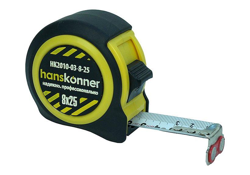 HK2010-03-8-25 Рулетка 8x25, 2 стопа,корпус на 32% компак.стандартного,мощный магнит,Hanskonner