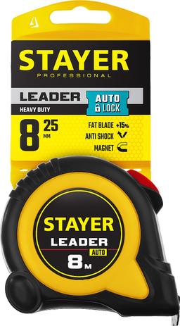 STAYER Leader, 8 м х 25 мм, рулетка с автостопом, Professional (3402-08-25) - 2