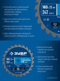 ЗУБР Тонкорез 165х20 x 1.6 мм, 24Т, диск пильный по дереву, тонкий рез, Профессионал (36933-165-20-24) - 4