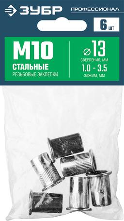 ЗУБР  М10, станд. бортик, 6 шт, стальные резьбовые заклепки с насечками, Профессионал (31318-10) - 2