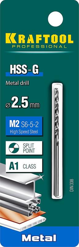 KRAFTOOL HSS-G, 2.5 х 57 мм, сталь P6M5, сверло по металлу (29651-2.5) - 2