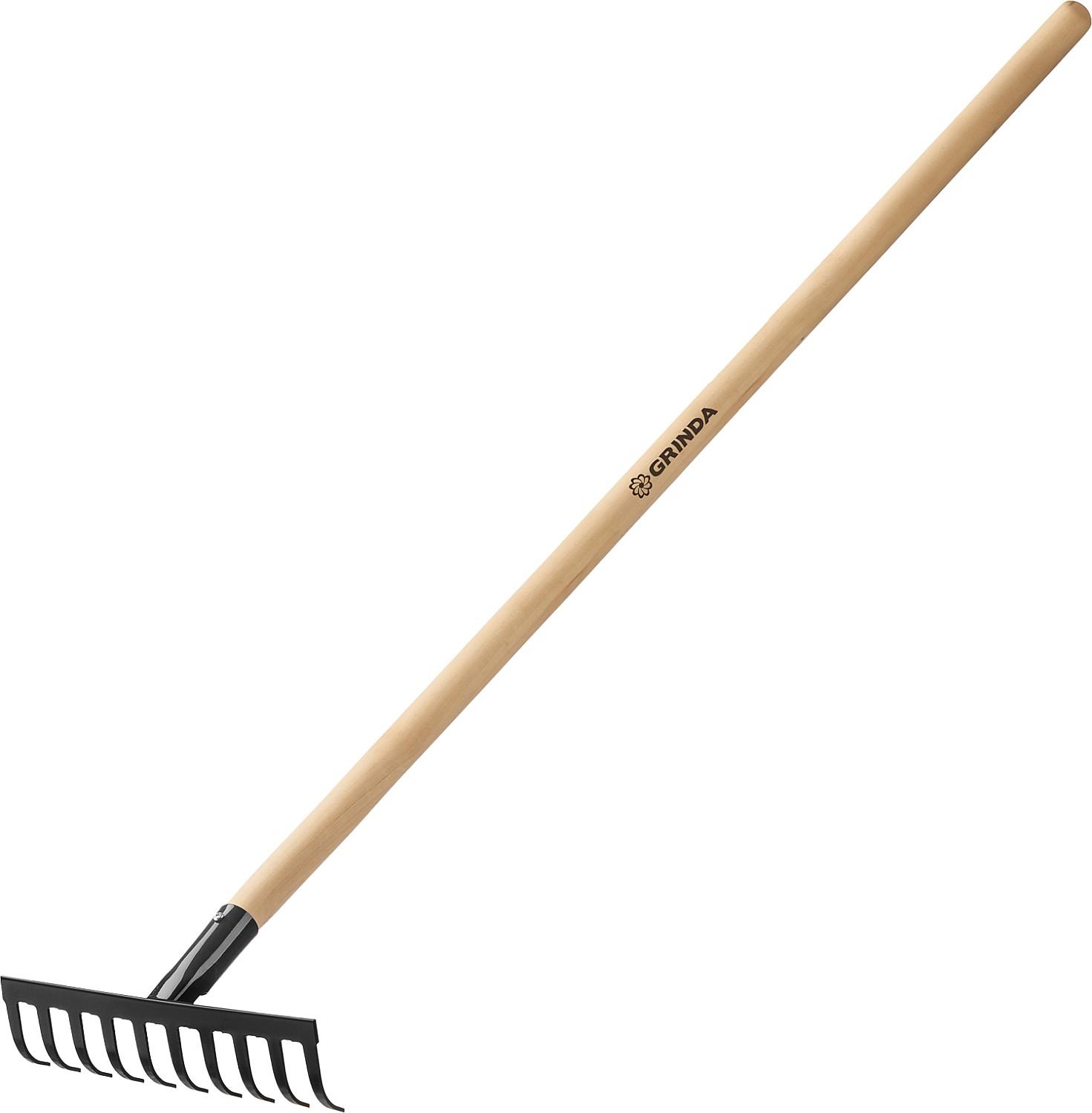 GRINDA  GT-10 WOOD, 260 х 80 х 1300 мм, 10 прямых зубцов, углерод. сталь, антикор. покрытие, черенок дерев. высш. сорт, садовые грабли (39583-10)