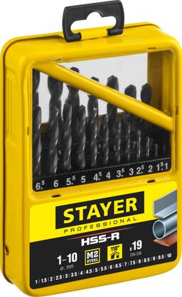 STAYER  HSS-R, 19 шт, (1-10 мм), быстрорежущая сталь P6M5, класс В, мет.бокс, набор сверл по металлу, Professional (29602-H19-M) - 2