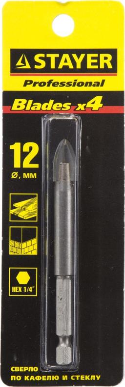 STAYER 12 мм, 4х кромка, HEX 1/4, Сверло по стеклу и кафелю (2985-12) - 2