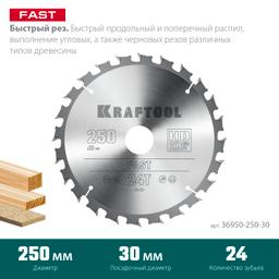 KRAFTOOL Fast, 250 х 30 мм, 24Т, пильный диск по дереву (36950-250-30) - 3