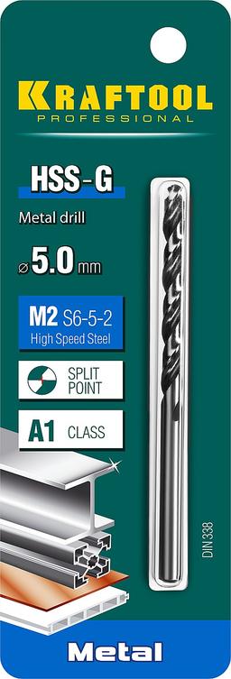 KRAFTOOL HSS-G, 5.0 х 86 мм, сталь P6M5, сверло по металлу (29651-5) - 2