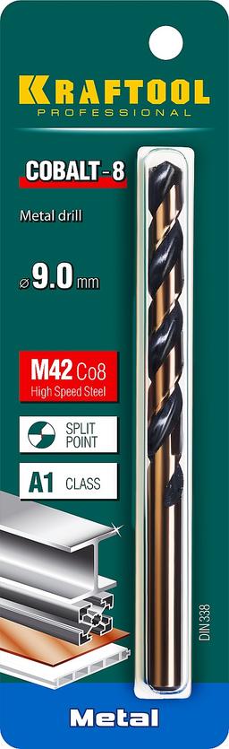 KRAFTOOL Cobalt, 9.0 х 125 мм, сталь М42, HSS-Co(8%), сверло по металлу (29656-9) - 2